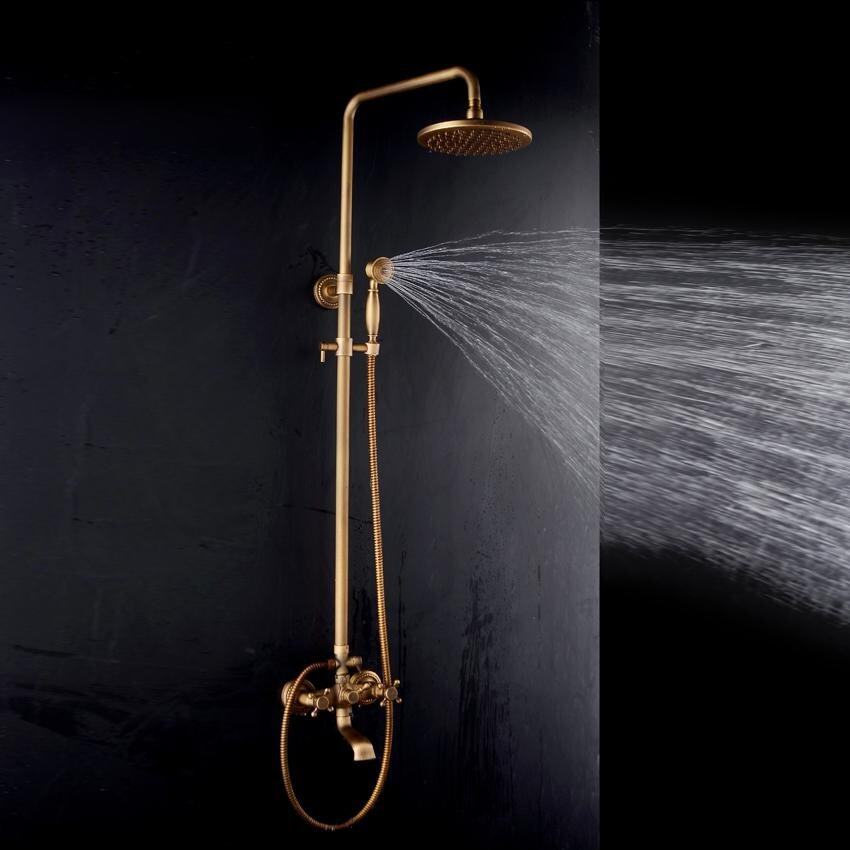 Bathroom Retro Shower Set Faucet Antique Brass Brass Style Dual Handles Wall Handles