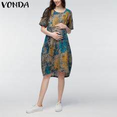 VONDA 2018 Summer Women Vintage Floral Print Casual Loose Short Sleeve Maternity Dress