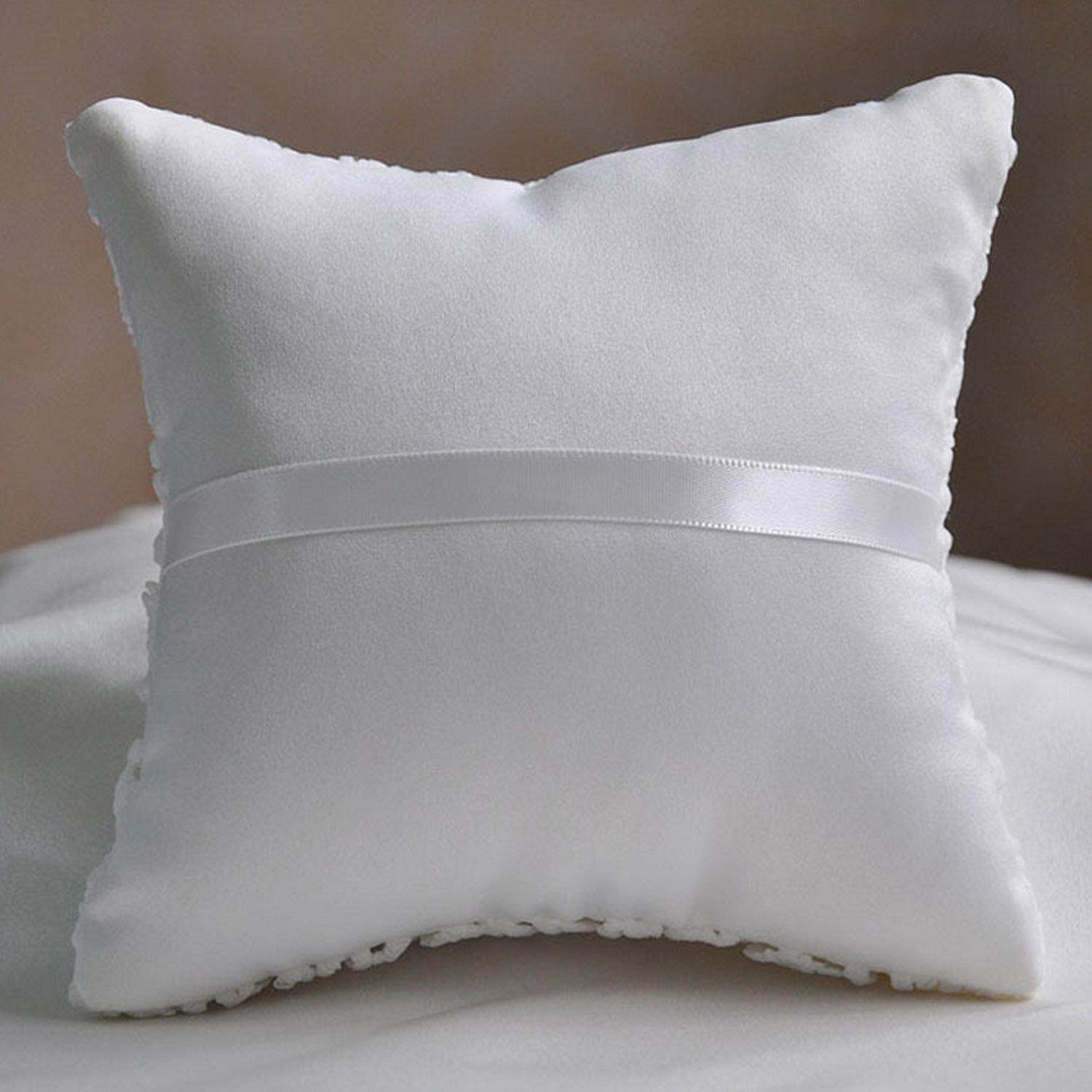 Lovely Rhinestone Ribbons Decor Bridal Wedding Ring Bearer Holder Pillow Cushion with Delicate Lace Pattern 15 x 15cm - intl