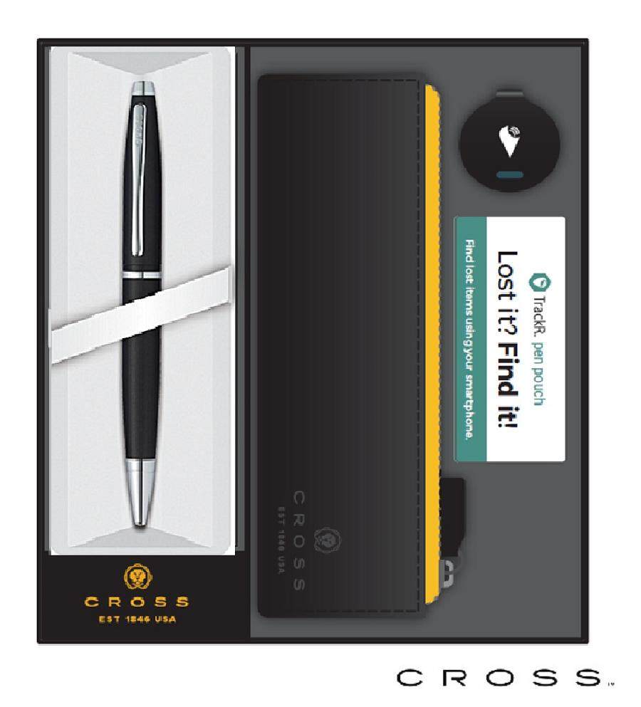 Cross Calais Satin Chrome Ballpoint Pen with TrackR Black Pouch Set Black Ink