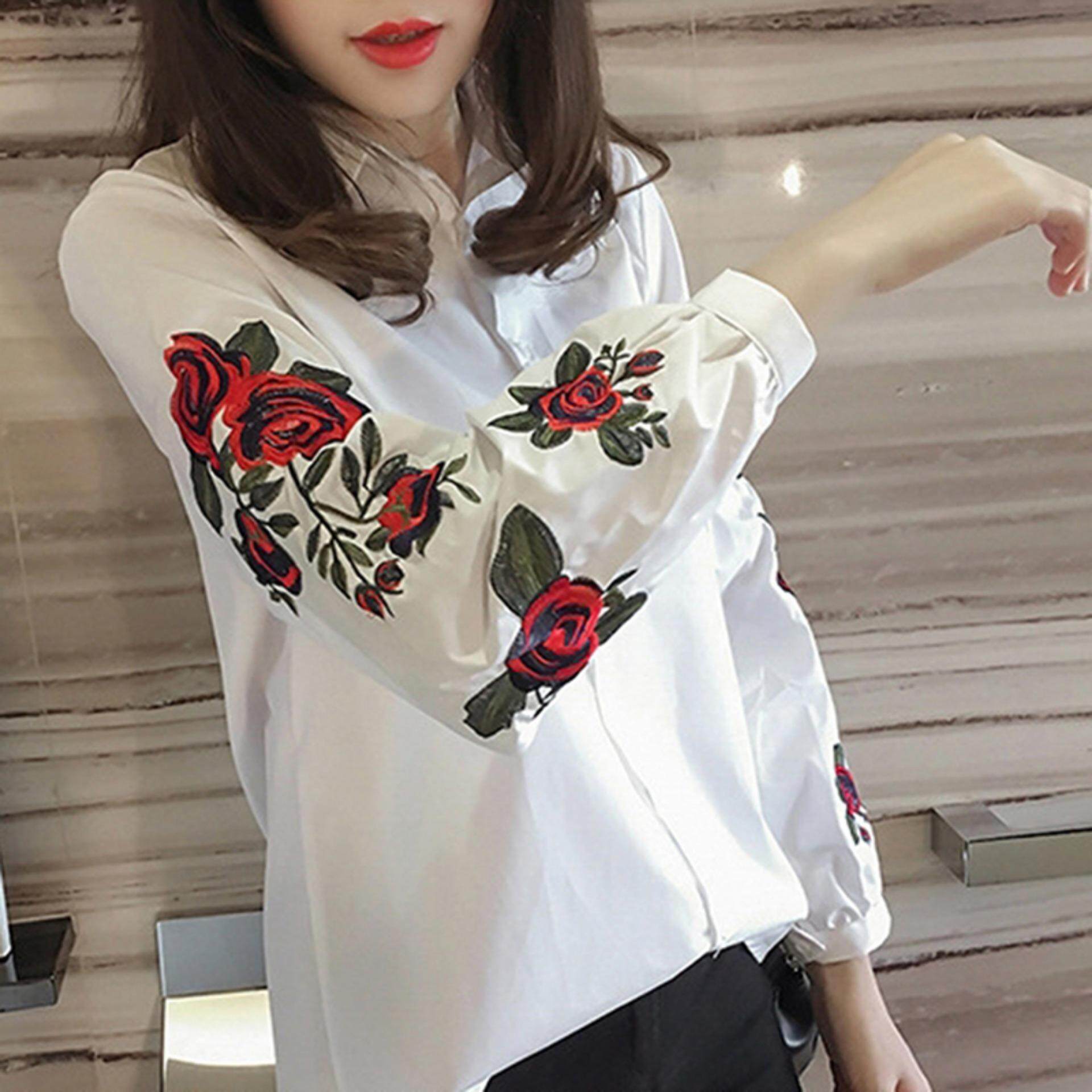 Hanyu Korean  Style  Women Casual Long Sleeve Blouse  Floral 