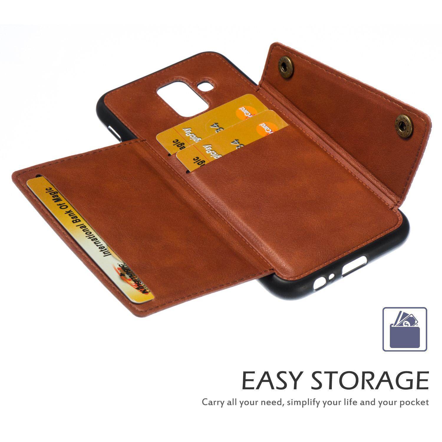 Cho Samsung A6 2018 da trường hợp nhiều Folio lật Bìa Wallet trở lại trường hợp vỏ, có thể làm việc với gắn trên xe hơi, ẩn thẻ tín dụng ID khe giữ, retro nút kim loại clasp, đứng hỗ trợ
