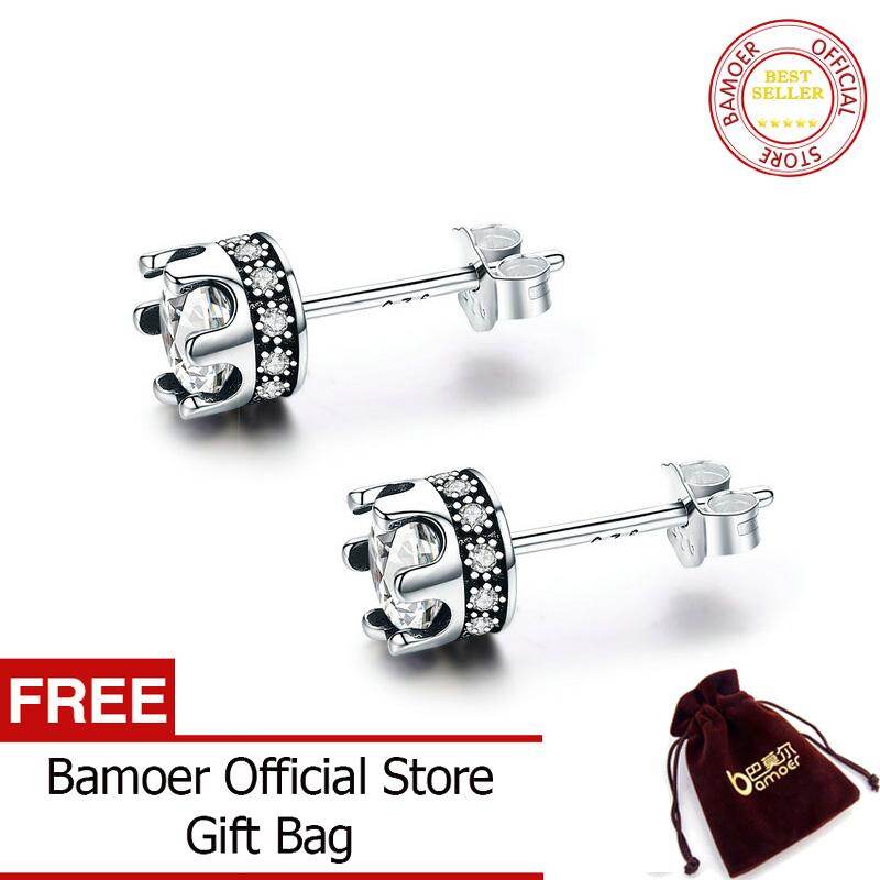BAMOER Free Shpping High Quality 100% 925 Sterling Silver Princess Crown Luminous Clear CZ Stud Earrings for Women Fashion Jewelry SCE311