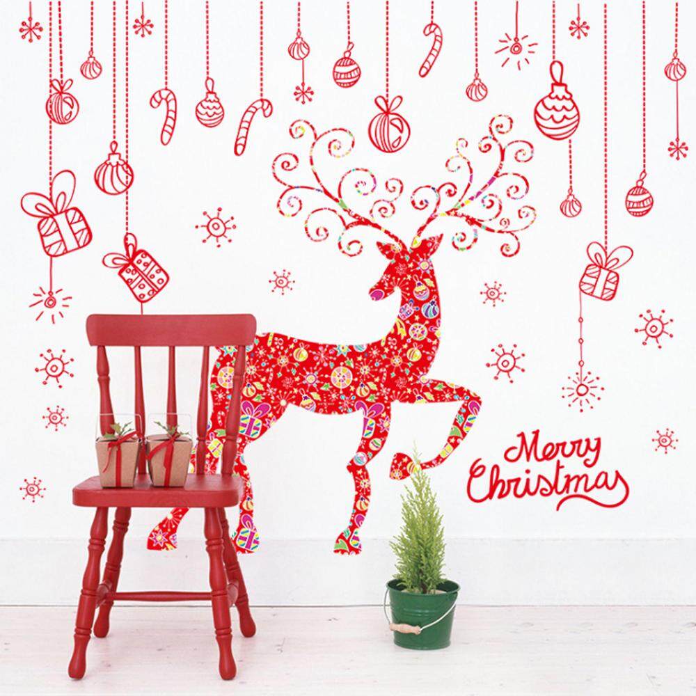 Red Christmas Deer PVC Wall Decals DIY Home Sticker WallPaper Vinyl Wall arts Pictures Removable Murals For House Decoration Baby Living Rooms Bedroom Toilet