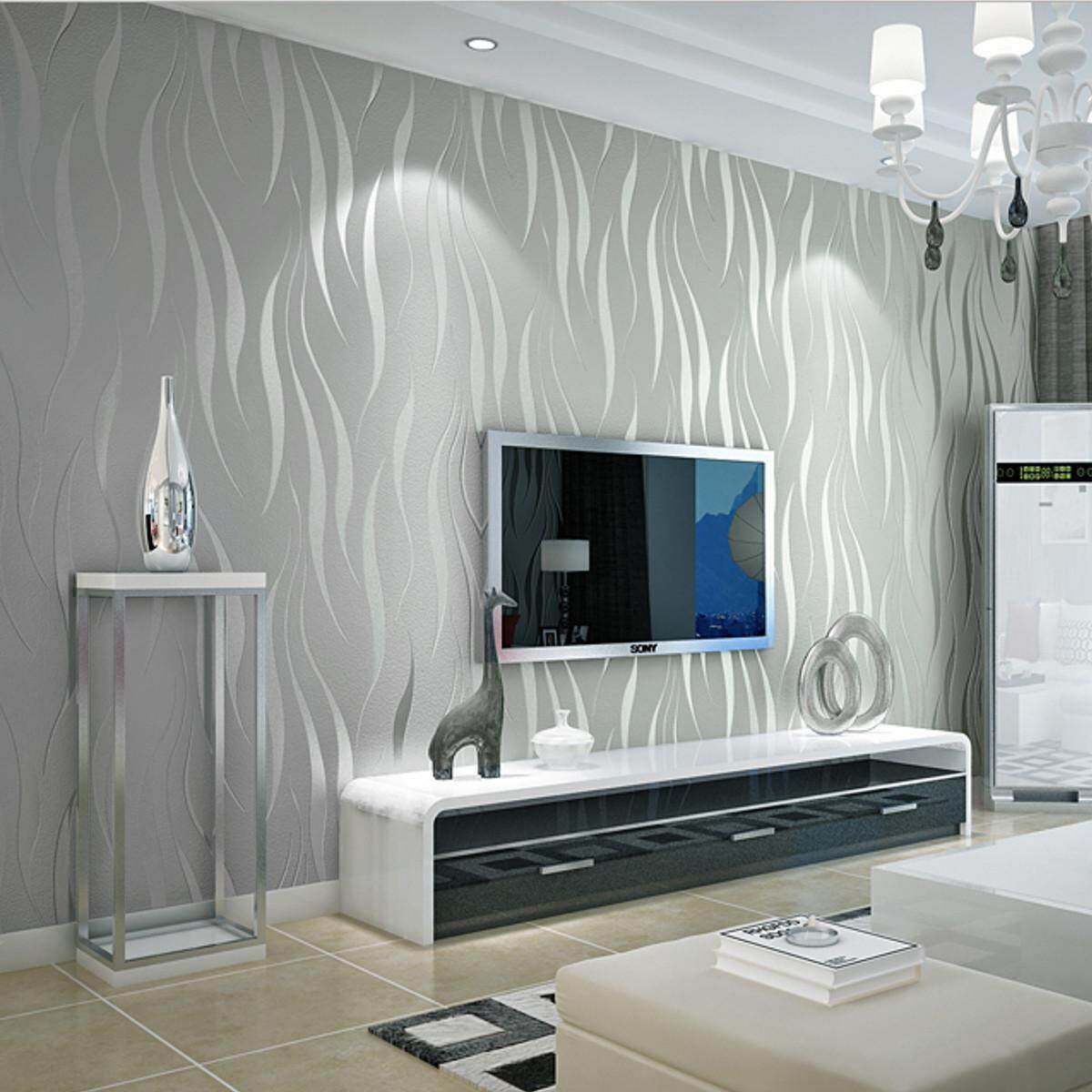 53cm x 10m Silver 3D Non-woven Wave Stripe Embossed Wallpaper Rolls Living Room Decor