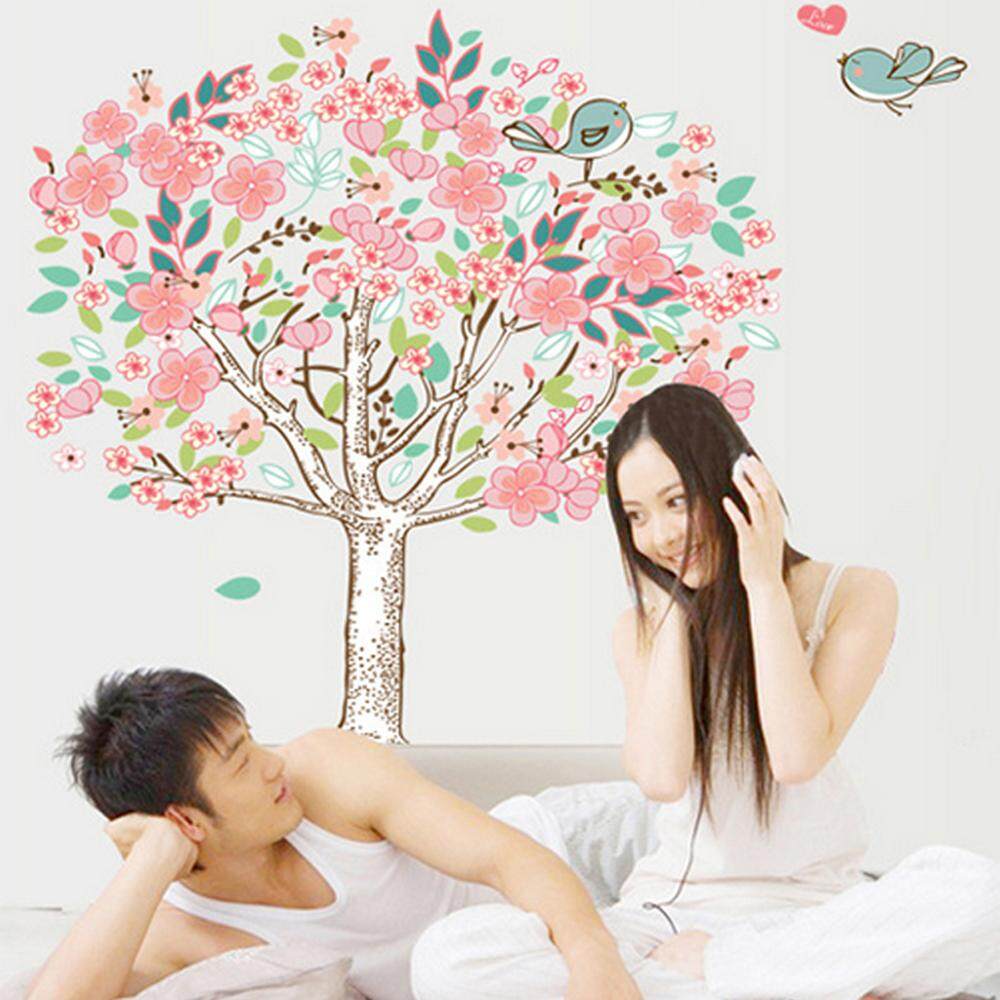 Pink Flower Tree Birds PVC Wall Decals DIY Home Sticker WallPaper Vinyl Wall arts Pictures Removable Murals For House Decoration Baby Living Rooms Bedroom Toilet