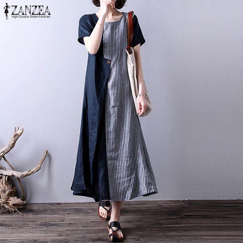 ZANZEA Women Loose A-Line Vintage Striped Long Maxi Kaftan Sundress Dress