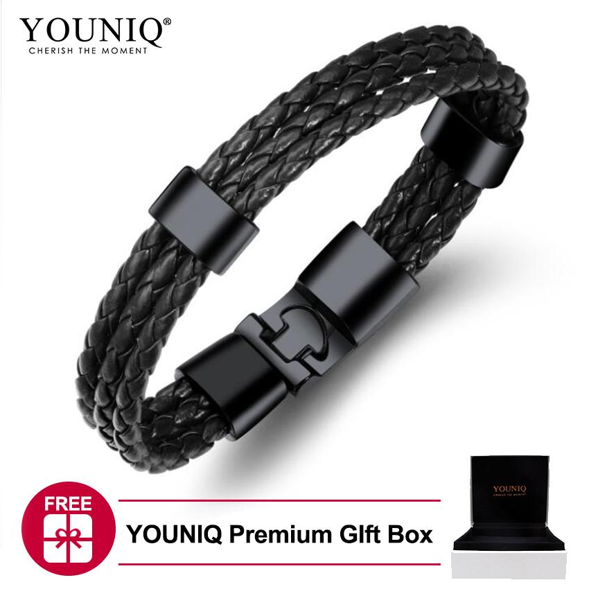 Youniq Titanium Steel Full Black Genuine Leather Men Bracelet Lazada