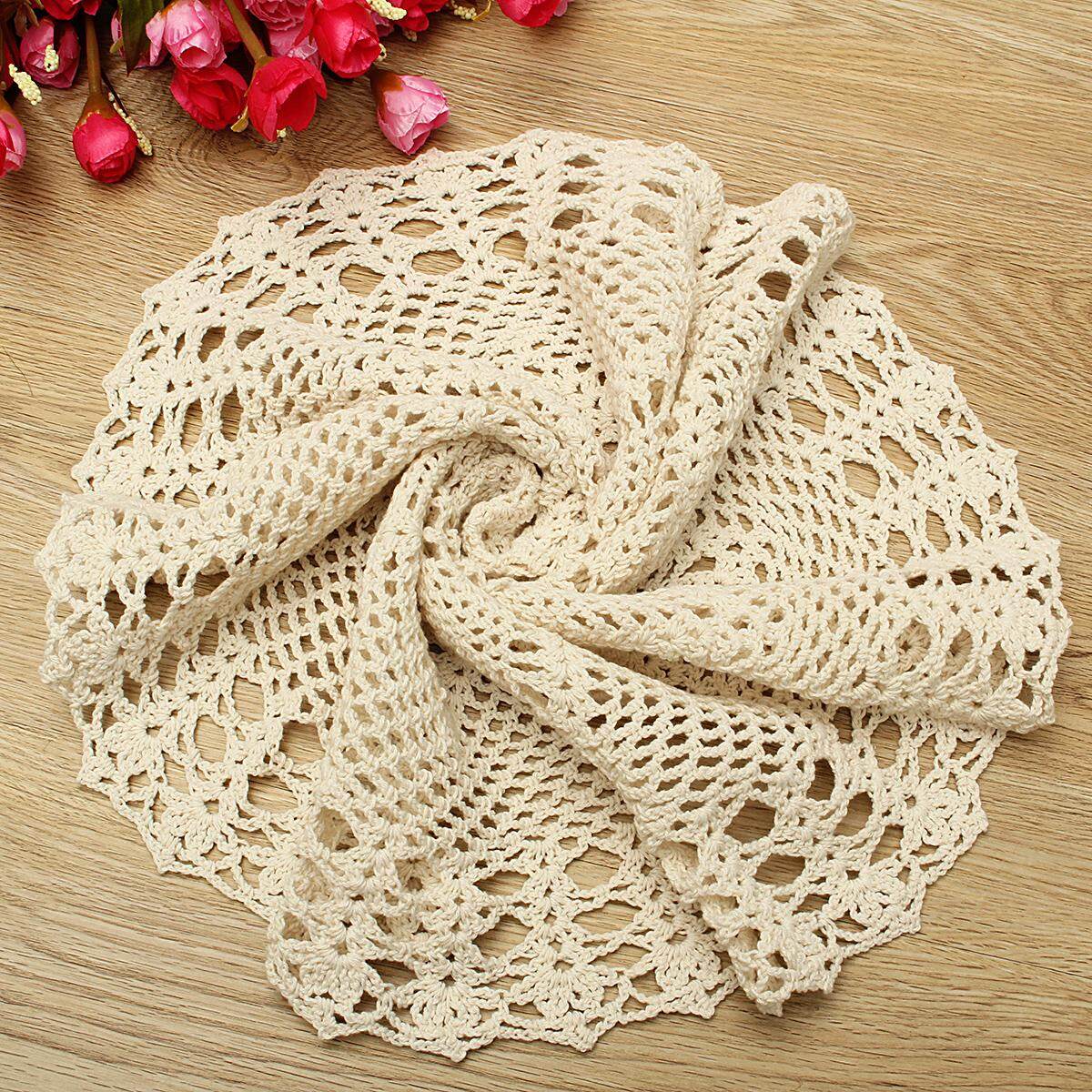 5PCS Hand Crochet Lace Doily Placemat Table Cloth Cotton Round 58CM White/Ecru#Beige