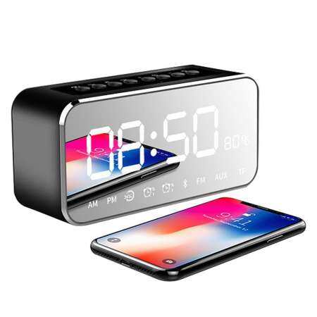 Rodeal 2018 ใหม่ล่าสุดนาฬิกาปลุกวิทยุ 3 วัตต์ลำโพงไร้สาย, เตือนนาฬิกาหน้าจอกระจก  นาฬิกาไนท์แสตนด์และจอแสดงผลขนาดใหญ่ LED หรี่, ของขวัญที่ดีที่สุดสำหรับผู้ชายผู้หญิงวัยรุ่น - สีดำ - INTL