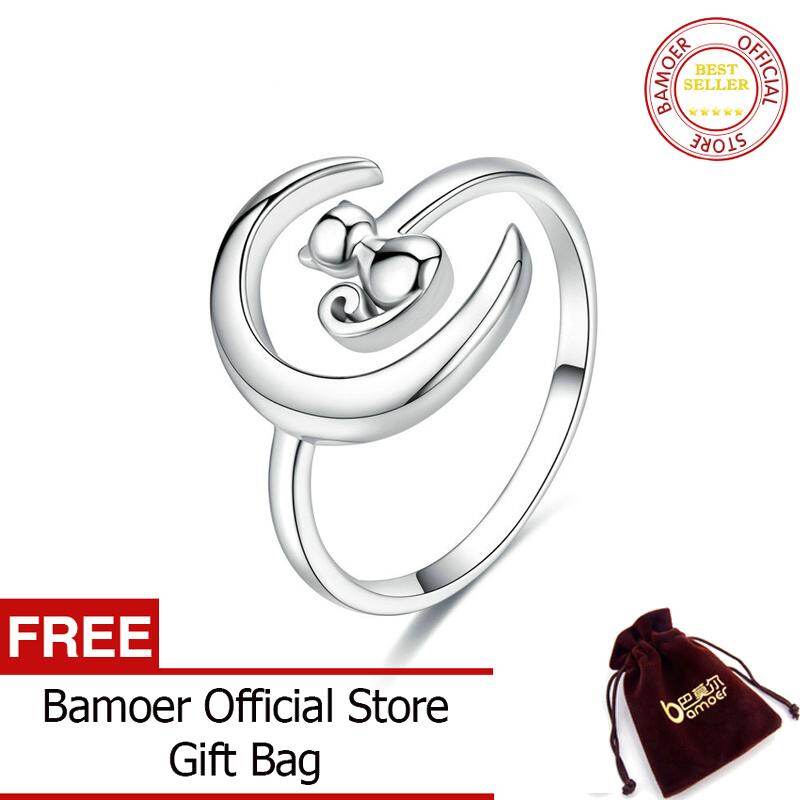BAMOER Free Shpping October Authentic 925 Sterling Silver Moon Cat Open Size Adjustable Finger Rings for Women Wedding Engagement Jewelry SCR451