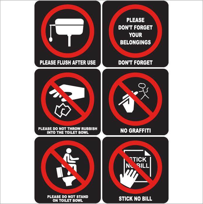 TOILET PVC SIGNS STICKER SET OF 6'S 76X76MMMM, PLEASE FLUSH AFTER USE