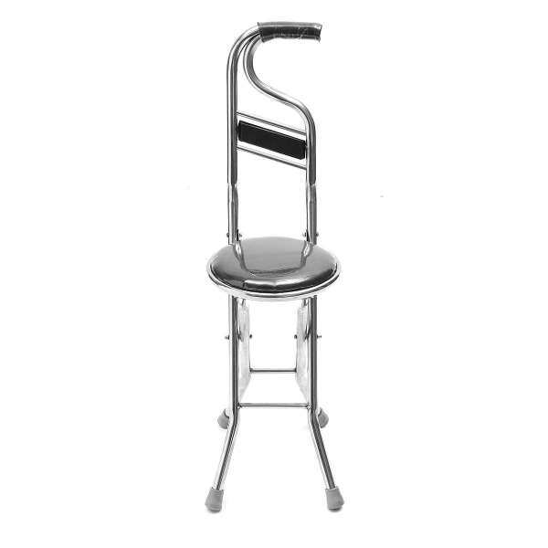 Stainless Steel Portable Folding Walking Stick Chair Seat Stool Travel Cane # Black