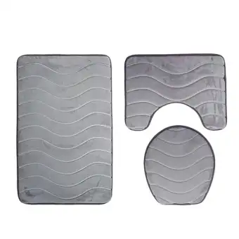 Three Pieces Bathroom Mat Set Flannel Embossed Waves Nonslip Bath Flannel Embossed Waves Nonslip Bath
