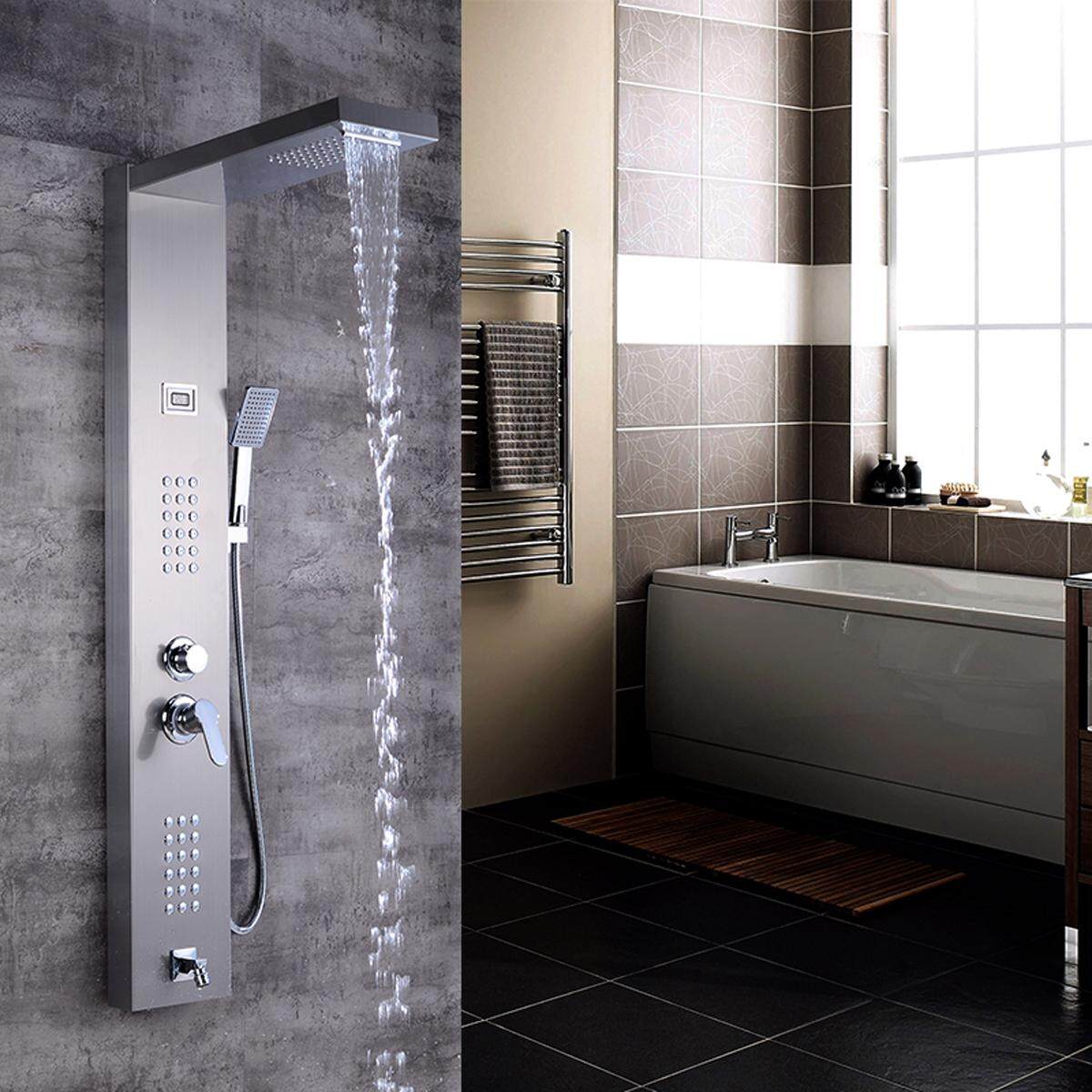 Brushed Nickel Nhiệt Tắm Bảng Cột Thác Nước Mưa Tắm Spa Máy Bay Phản Lực Chậu Vòi Xịt