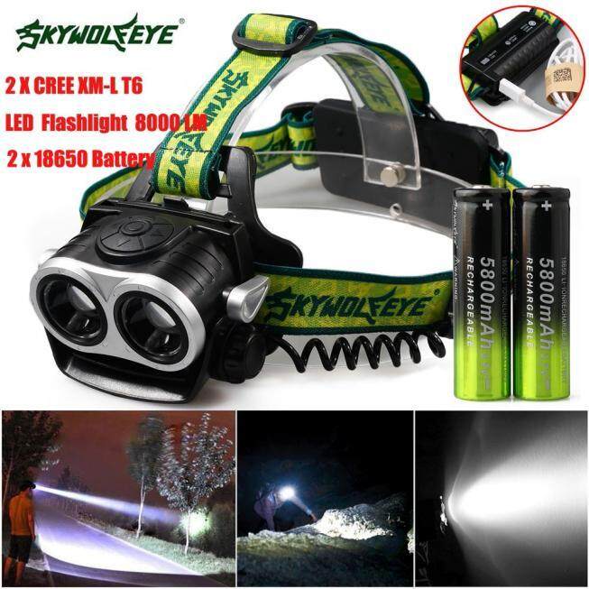 8000LM 2X XM-L T6 Headlamp Headlight Head Light LED Rechargeable USB