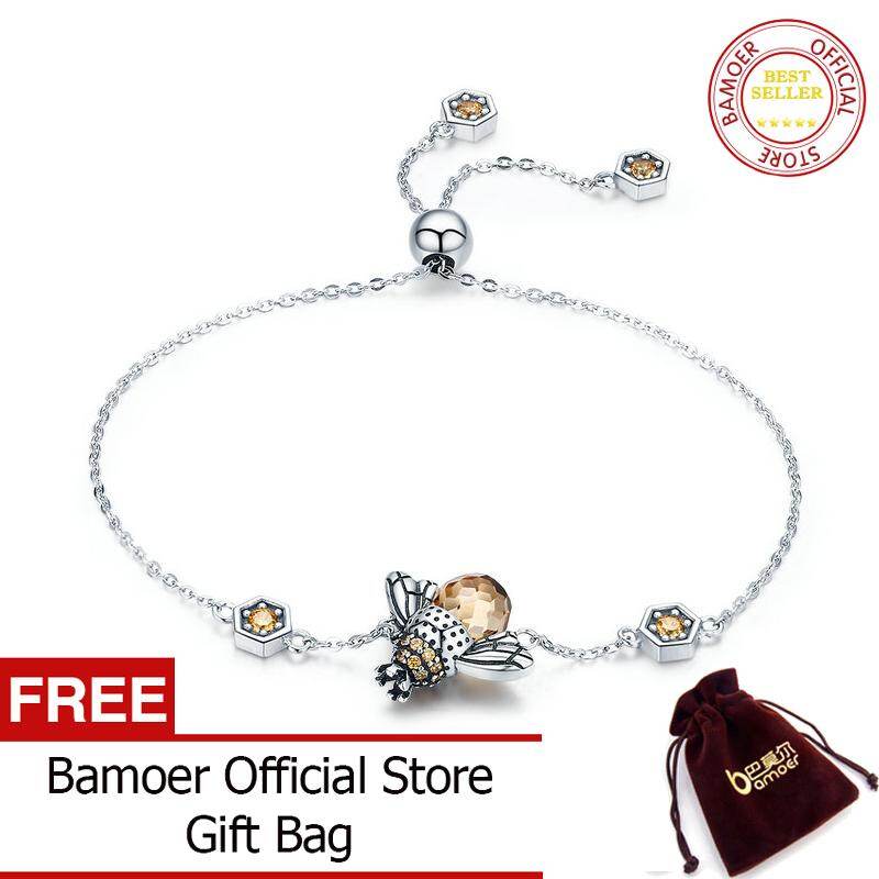 BAMOER Free Shpping Genuine 100% 925 Sterling Silver Dancing Honey Bee Chain Link Women Bracelet Crystal Big Stone Bracelet Jewelry SCB043