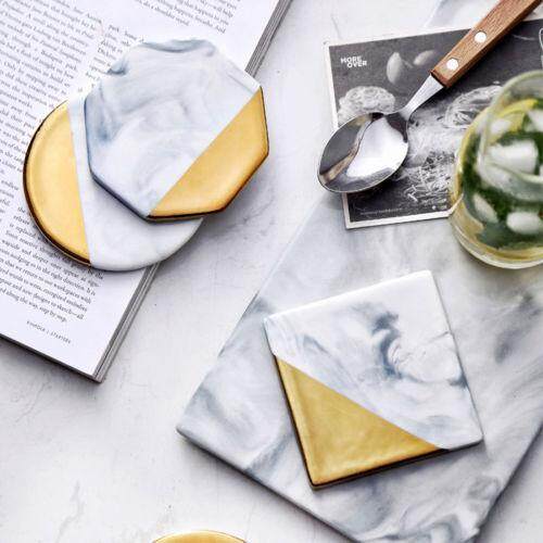 3 Styles Round Square Octagon Gold Marble Coaster Cup Mat Placemat Pad Holder