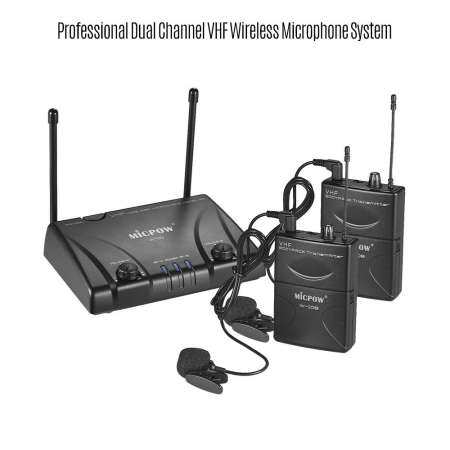 MICPOW W-10 VHF Dual Channel ไมโครโฟนไร้สาย MIC ระบบ 2 Lapel Lavalier ไมโครโฟน + 2 Bodypack เครื่องส่งสัญญาณ + 1 เครื่องรับสัญญาณสำหรับธุรกิจการประชุม Public Speech การสอนในชั้นเรียน - INTL