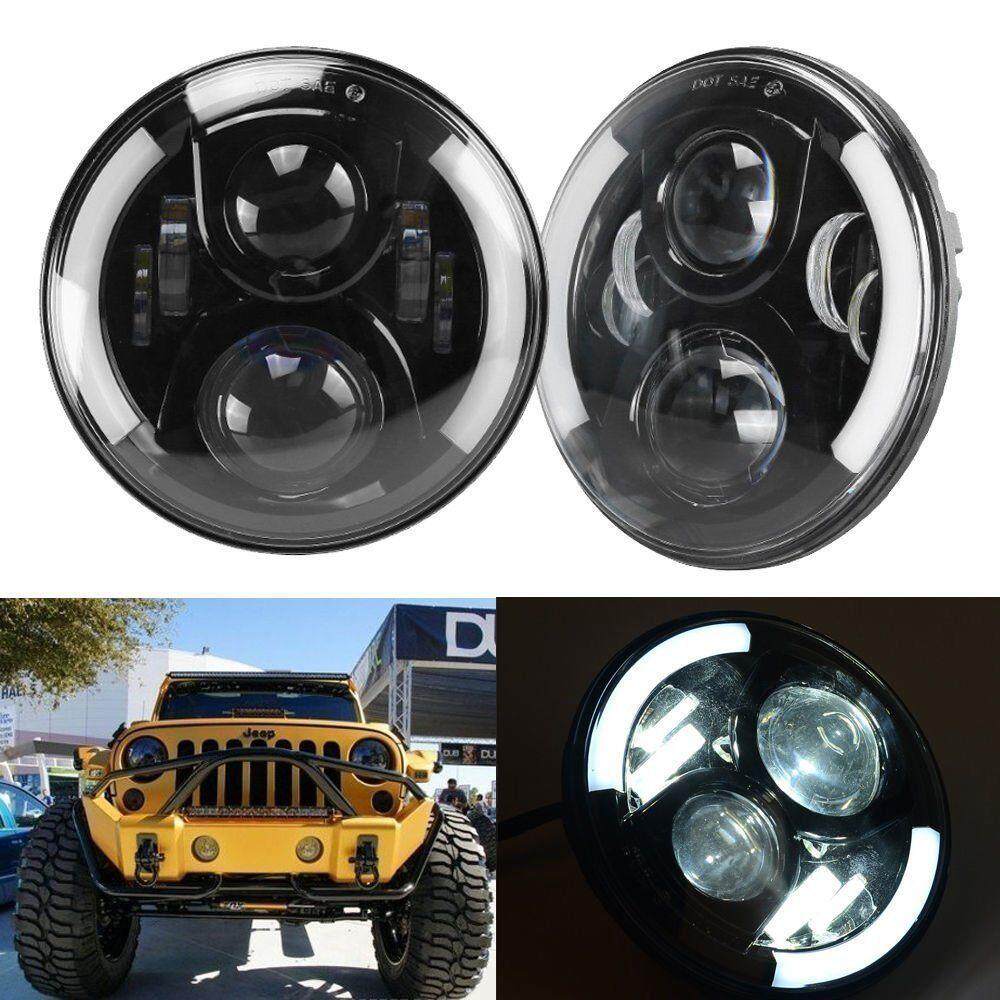 2x7 inch Tròn 60 W HI/Lo ĐÈN Lái Đèn Pha/Xe Máy Lái Xe Đèn DRL Hào Quang Nhẫn góc Mắt JEEP