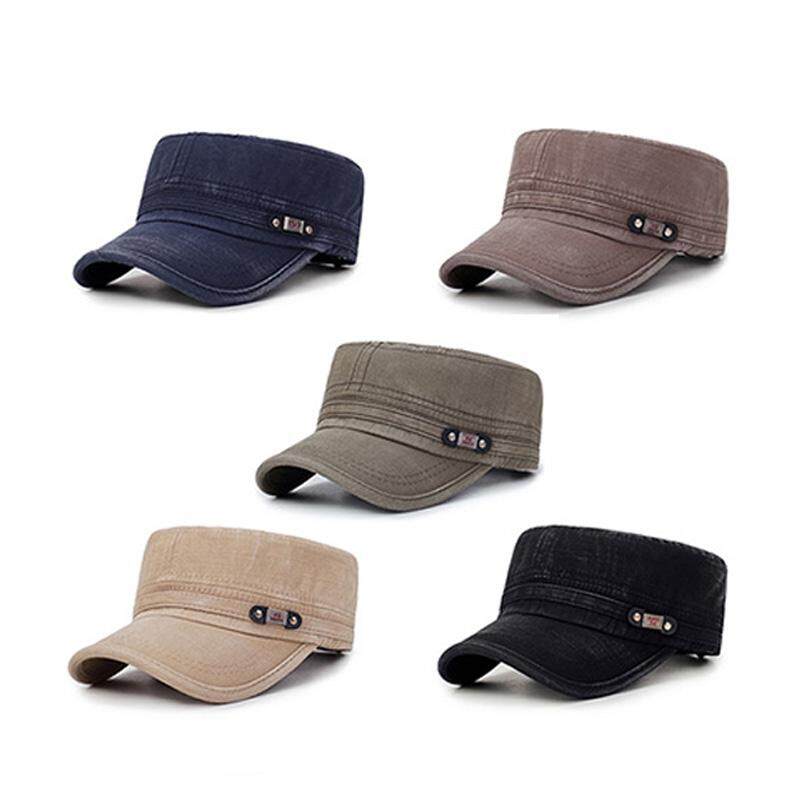 Mens Washed-Cotton Flat Top Hat Outdoor Sunscreen Military Army Peaked Dad Caps