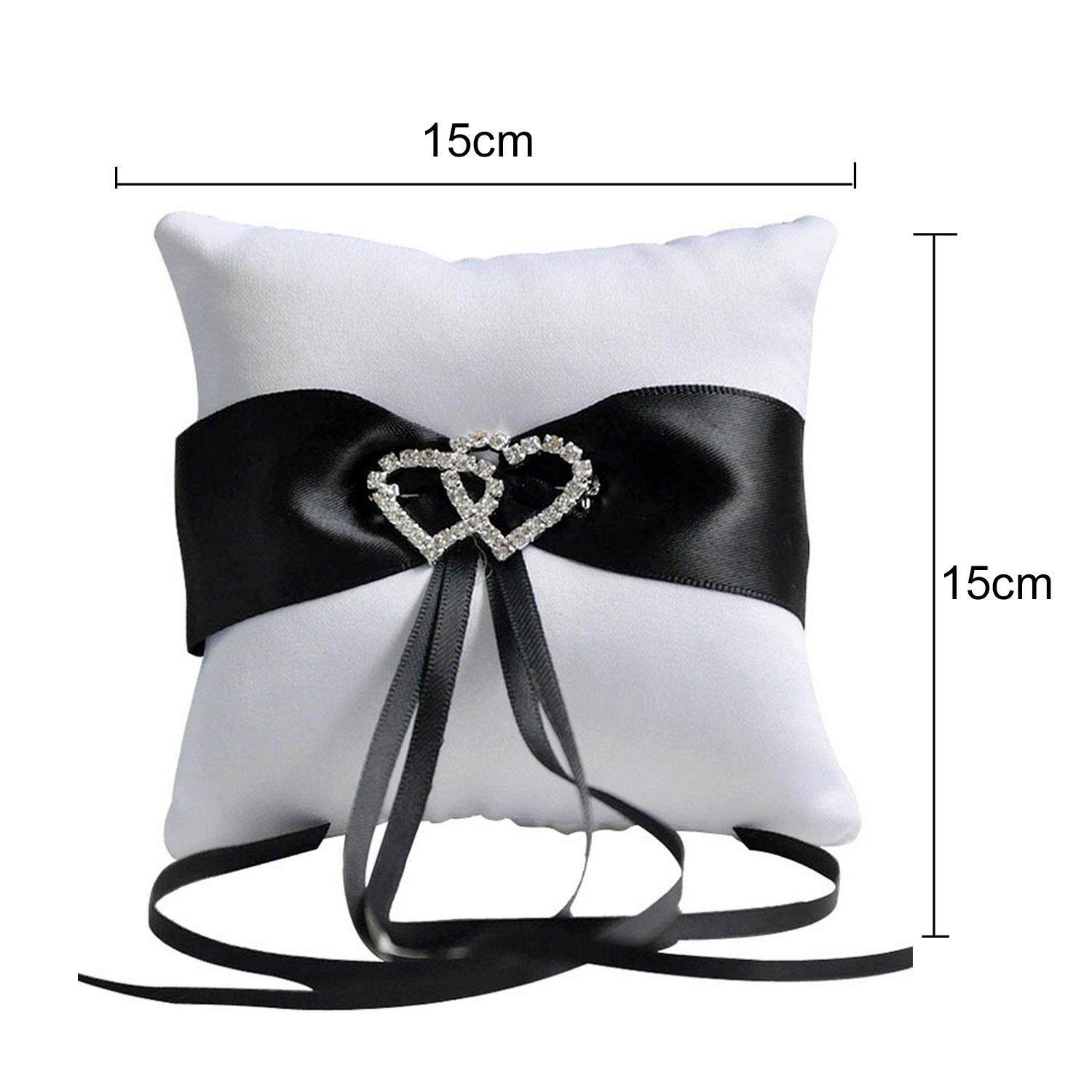 Lovely Rhinestone Decor Bridal Wedding Ring Bearer Holder Pillow Cushion with Black Satin Ribbons 15 x 15cm - intl