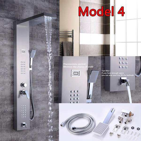 Brushed Nickel Nhiệt Tắm Bảng Cột Thác Nước Mưa Tắm Spa Máy Bay Phản Lực Chậu Vòi Xịt