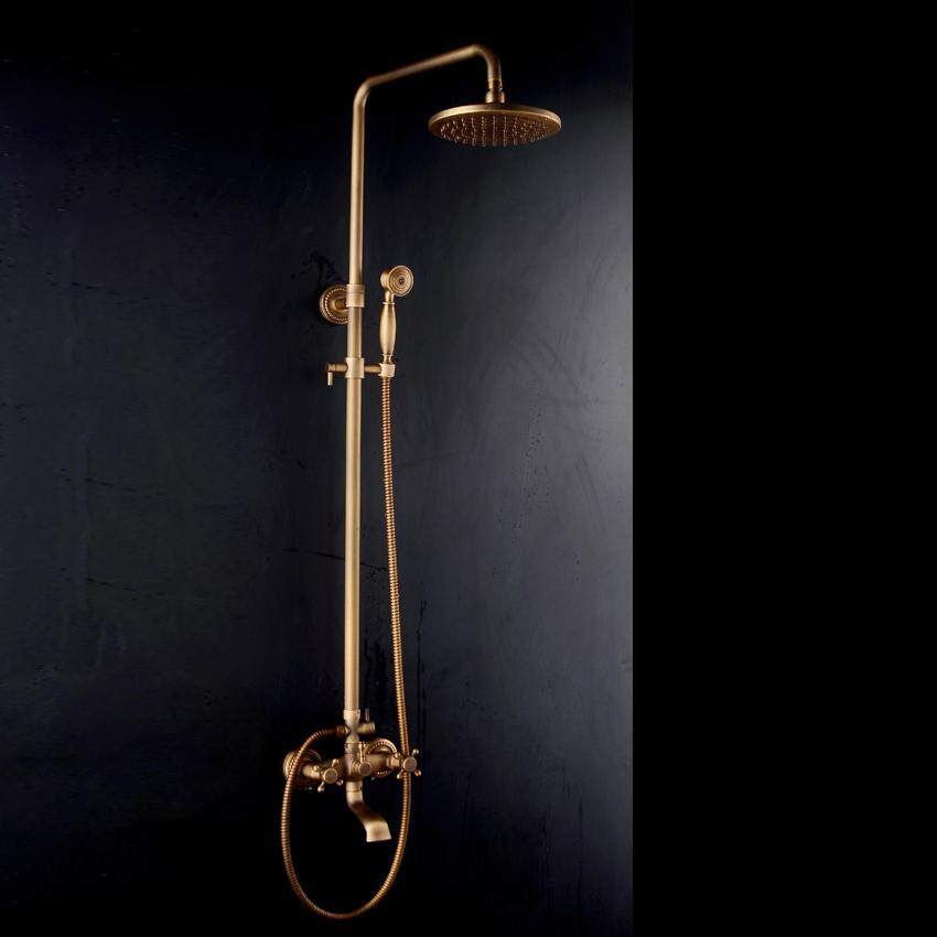 Bathroom Retro Shower Set Faucet Antique Brass Brass Style Dual Handles Wall Handles