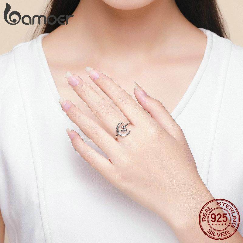 BAMOER Free Shpping October Authentic 925 Sterling Silver Moon Cat Open Size Adjustable Finger Rings for Women Wedding Engagement Jewelry SCR451