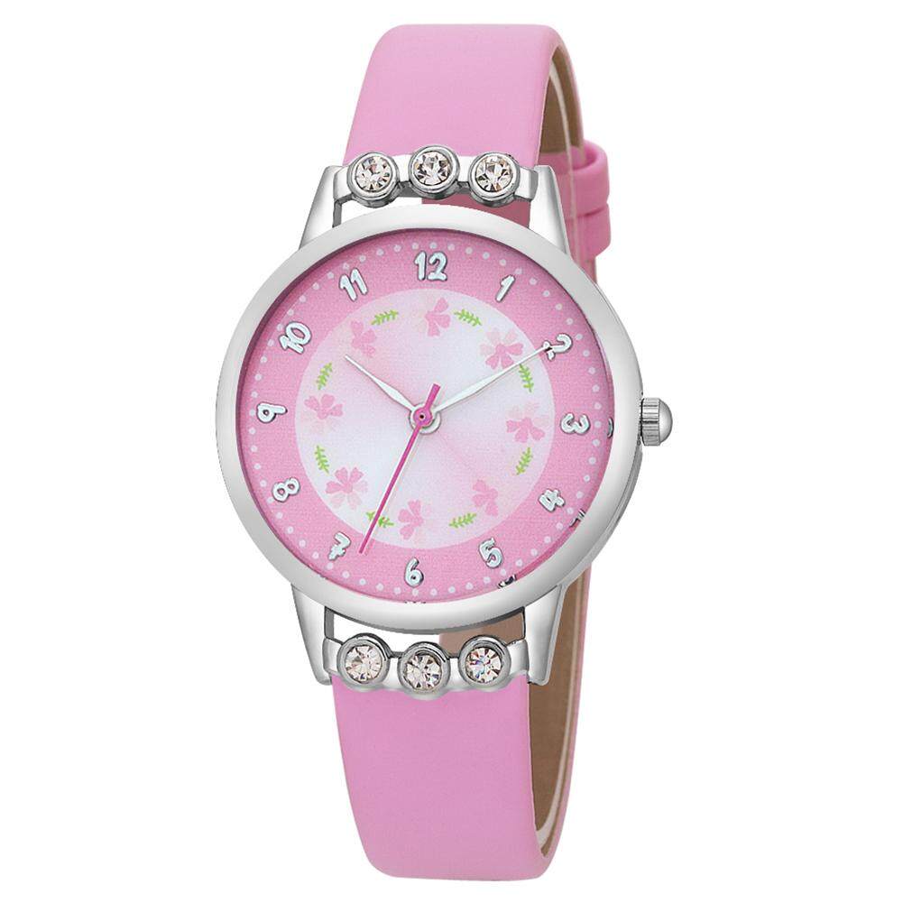 Hiqueen Gescar Mode untuk Wanita Berlian Imitasi Manis Round Dial Jam Tangan Jam Kuartz dengan Tali Kulit