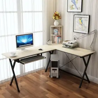 Forever L Shape Wooden Computer Desk With Keyboard Tray Almond