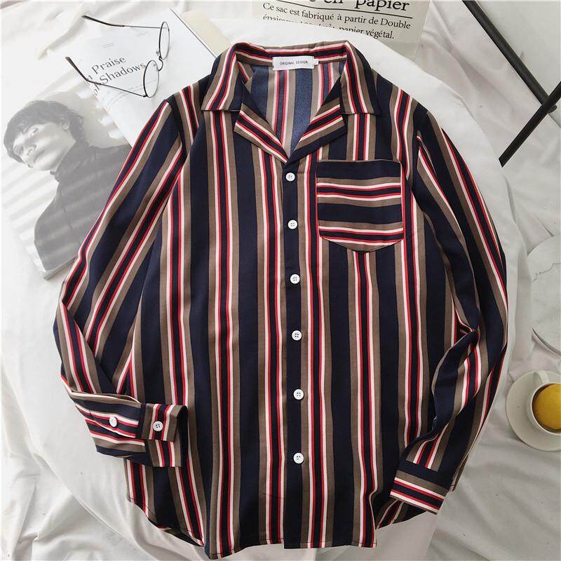 Ulzzang vintage celebrity inspired men long sleeve shirts vertical striped Women's blouses (Black reviews) - intl