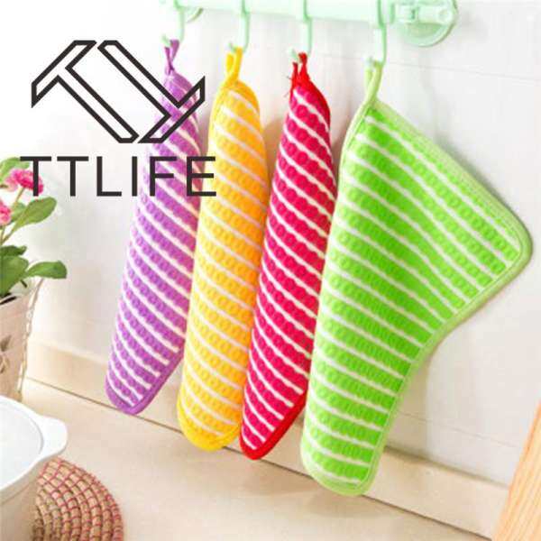 TTLIFE Silver Plush Double-sided Striped Dishwashing Towel Strong Decontamination Do Not Dip Oil Kitchen Wipe Cloth Color Random - intl