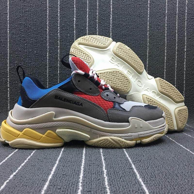 2018 Balenciaga Pria & Wanita Vintage Tripe-S Pelatih Sneaker Fashion Nyaman Santai Berjalan Sepatu Olahraga Gaya Hidup Beberapa Beralas Tebal sepatu Abu-abu/Merah/Biru Ukuran 36-44-Intl