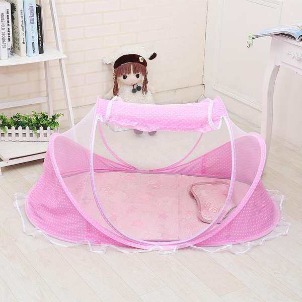 4 pieces Baby crib collapsible baby bed mosquito net ice silk mat children mosquito nets mat cool pillow mosquito nets +ice silk mat+cool pillow +music toy