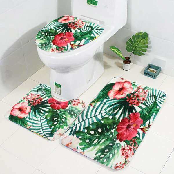 3PCS Print Bathroom Non-Slip Pedestal Rug + Lid Toilet Cover + Bath Mat Set US