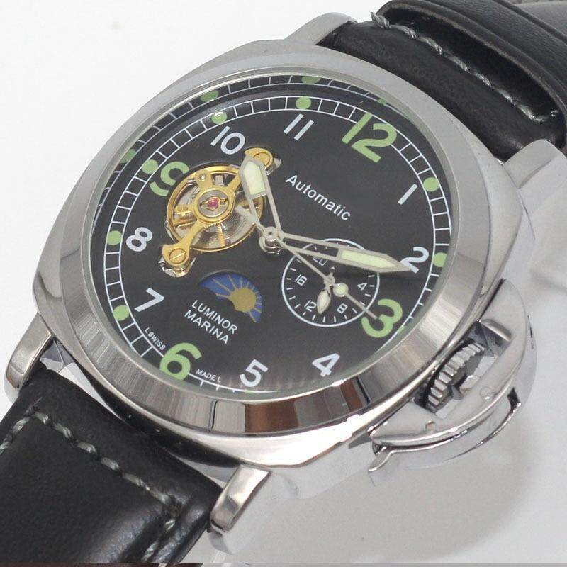 Unisex Full Tourbillon อัตโนมัตินาฬิกากลไก Luminous นาฬิกาหนัง (สีดำ, สีขาว) - INTL