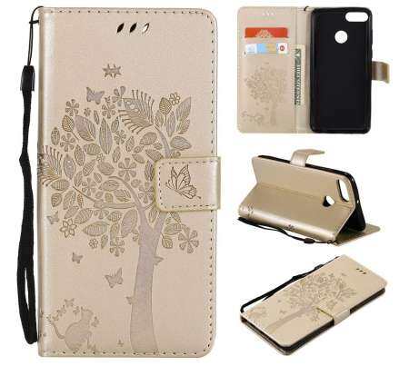 สำหรับ Huawei Y9 2018 - เพลิดเพลินไปกับ 8 PLUS แมวผีเสื้อต้นไม้รูปแบบหรูหราหนัง PU ตัวป้องกันฝาปิดแบบกระเป๋าเงินพร้อมช่องใส่การ์ด - INTL