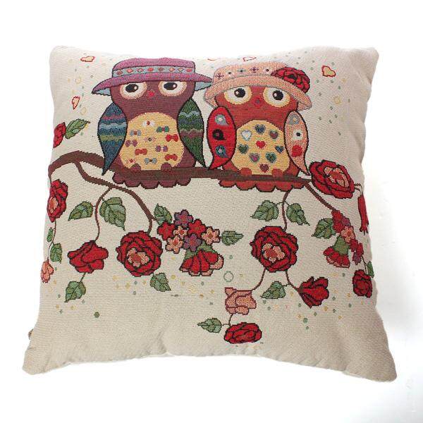 Cotton Linen Owl Bird Pillow Case Home Room Decor Back Throw Sofa Cushion Cover#Two Hat Owls