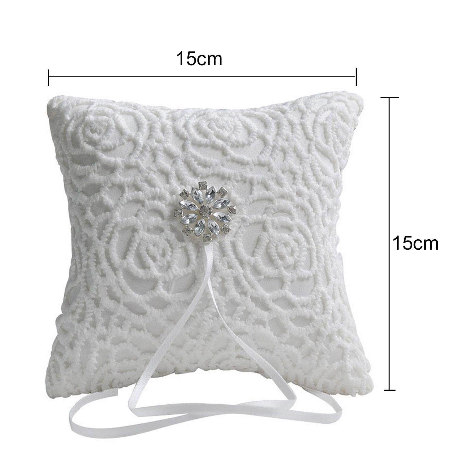 Lovely Rhinestone Ribbons Decor Bridal Wedding Ring Bearer Holder Pillow Cushion with Delicate Lace Pattern 15 x 15cm - intl