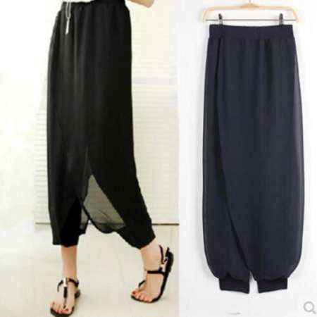 Korean Women S-6XL Plus Size Chiffon Pants Casual Harem Pants Loose Tapered Leg Cropped Pants Skirt