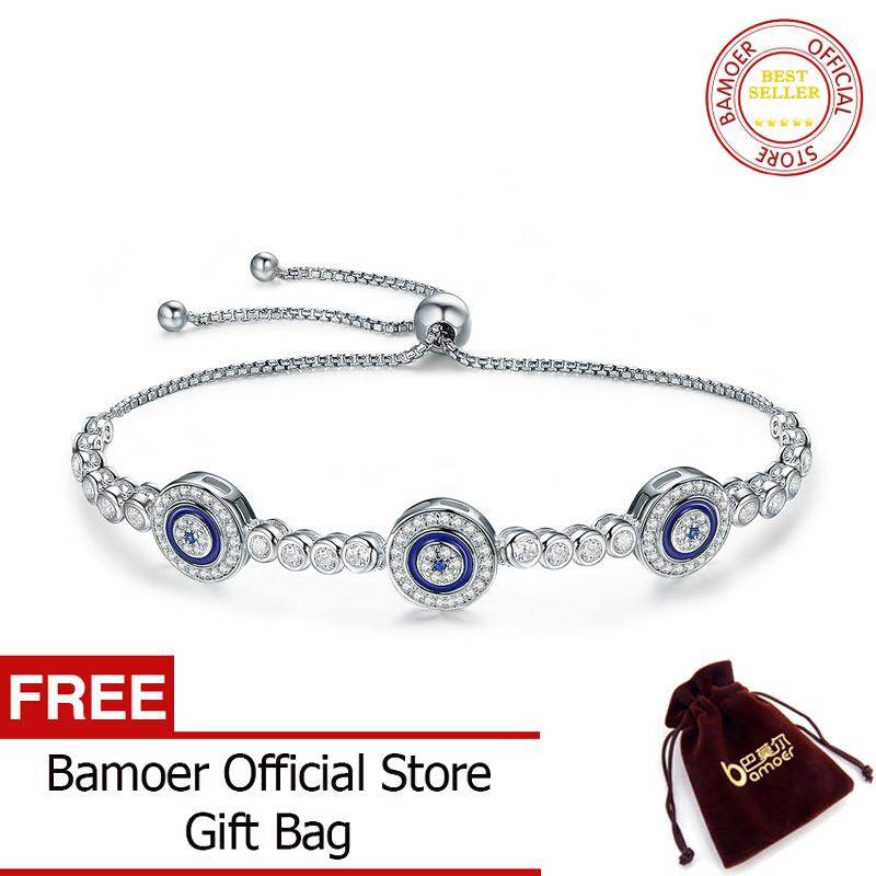 BAMOER Free Shpping Genuine 925 Sterling Silver Luxury Round Blue Eyes Clear Cubic Zircon Crystal Tennis Bracelet Jewelry SCB002