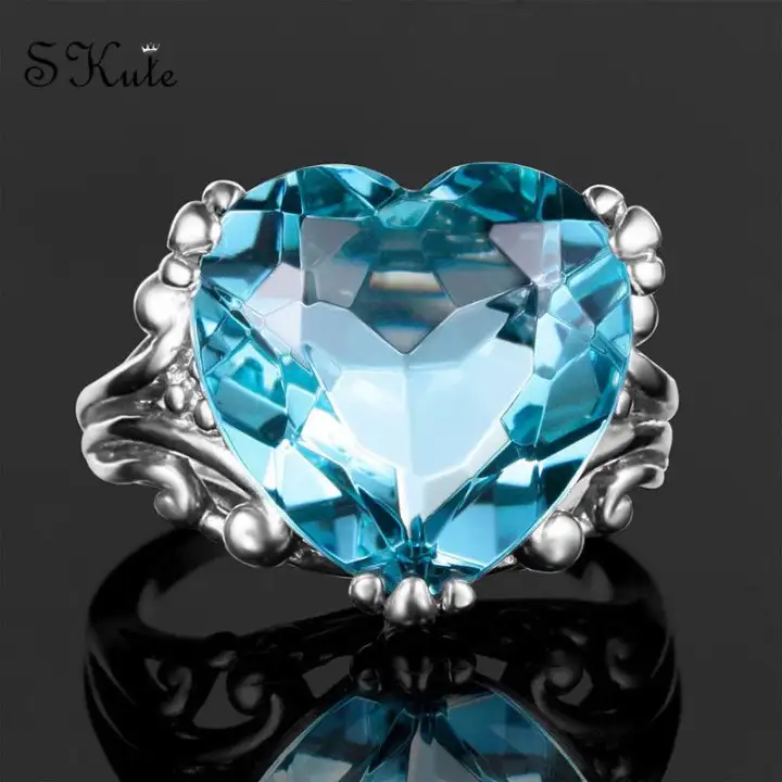 Cincin Batu Berbentuk Hati Mewah Skute Cincin Bunga Biru Muda Cincin Berlian Perhiasan Pesta Tunangan Wanita