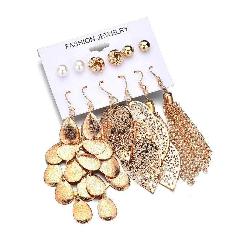 6 Pasang Satu Set Anting-anting Mutiara Set Hollow Daun Anting Bulat Set untuk Wanita
