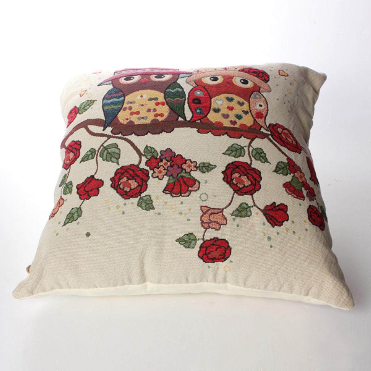 Cotton Linen Owl Bird Pillow Case Home Room Decor Back Throw Sofa Cushion Cover#Two Hat Owls