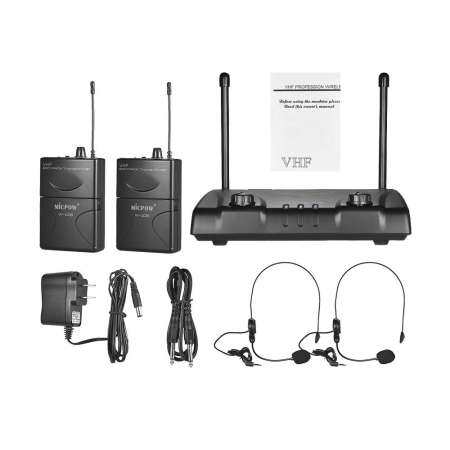 MICPOW W-10 VHF Dual Channel Wireless Microphone Mic System with 2 Headset Microphones + 2 Bodypack Transmitters + 1 Receiver for Business Meeting Public Speech Classroom Teaching