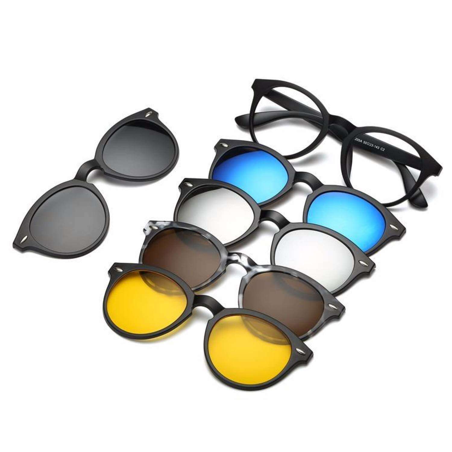 Kacamata Hitam Magnetis Jepitan Kacamata Unisex Lensa Terpolarisasi Bingkai Retro dengan Set 5 Lensa-Intl