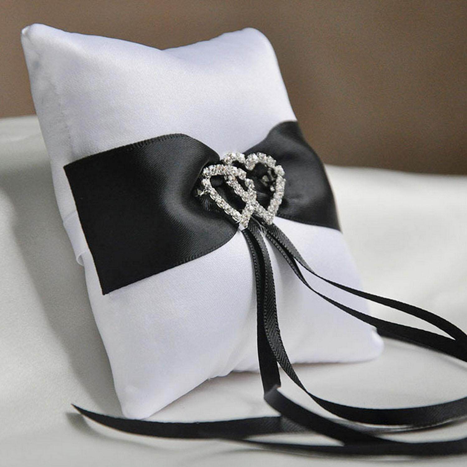 Lovely Rhinestone Decor Bridal Wedding Ring Bearer Holder Pillow Cushion with Black Satin Ribbons 15 x 15cm - intl