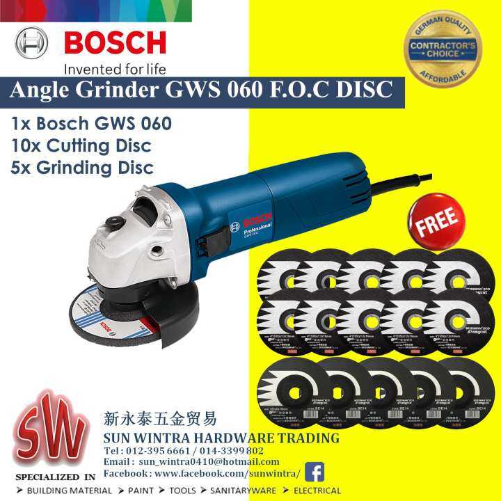 Bosch GWS060 4" Angle Grinder 670W F.O.C 10PCS Cutting Disc & 5 PCS
