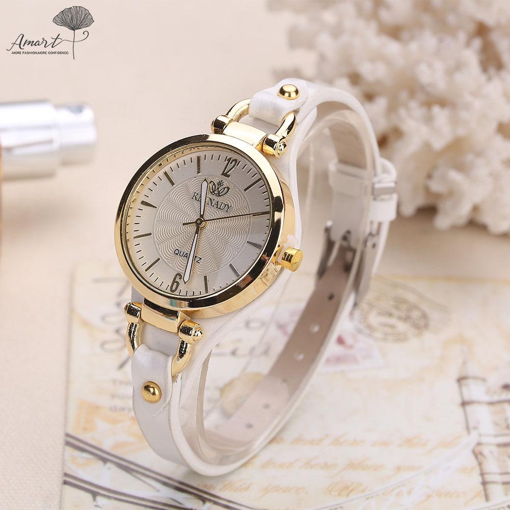 Amart Women Casual Watches Round Dial Rivet PU Leather Strap Wristwatch Ladies Analog Quartz Watch Gift